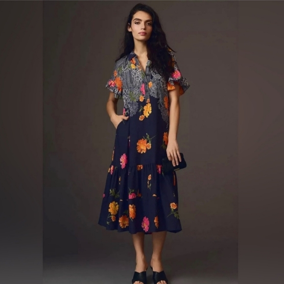 blue and orange anthropologie dress LSPACE Printed Mallorca Maxi Dress